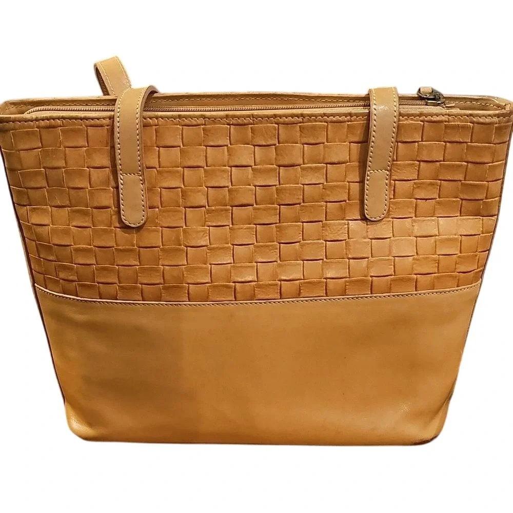 BRAHMIN Woven Leather Tote Tan Satchel Purse Classic‎ American Heritage